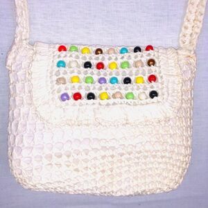 Vintage 60s Simon Womens Pocketbook Off White Crochet Shoulder Bag Beads New